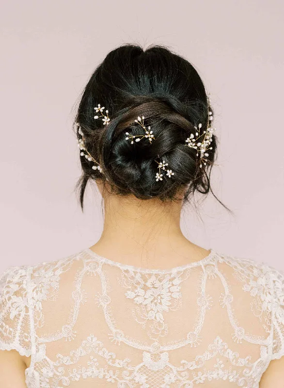 rhinestone bobby pins for formal occasions-Baby's breath freshwater hair pin set of 5 - Style #2158