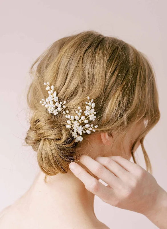 floral pins for wedding hairdos-Baby's breath pearl and crystal pin set of 2 - Style #2114