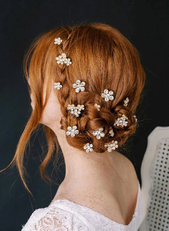 festive hair accessories for holidays-Crystal flowers and blossoms pin set of 5 - Style #2378