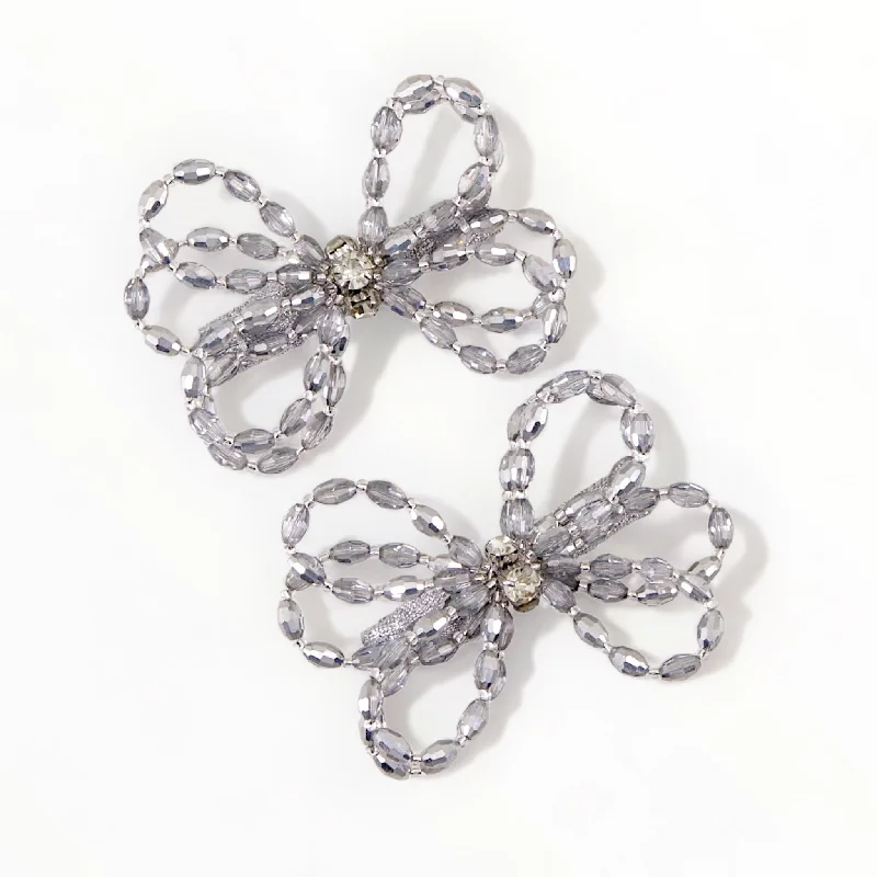 trendy flower clips for girls-Darlene Metallic Silver Bow Hair Clip Set