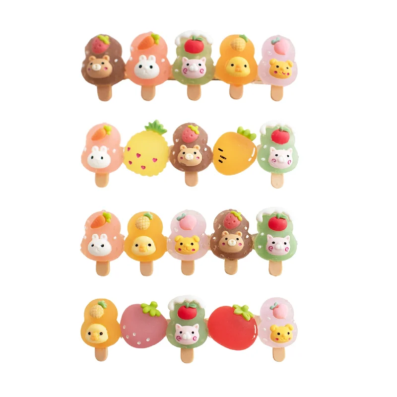 cute cat headbands for children-Summer Crystal 4Pcs Fruit Animal Popsicle Hair Clips  For Girls and Women