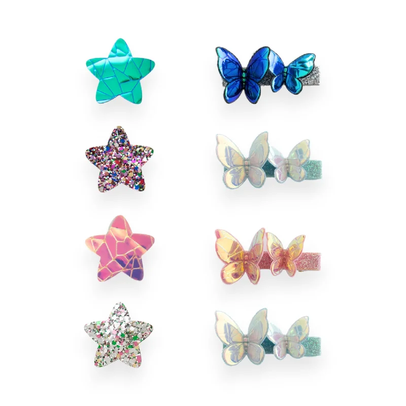 designer hair combs for evening parties-Summer Crystal Holographic Star and Butterfly Hair Clips - Pack of 8