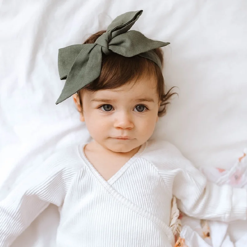 metallic hair clips for stylish looks-Snuggle Hunny Linen Bow Pre-Tied Headband - Olive