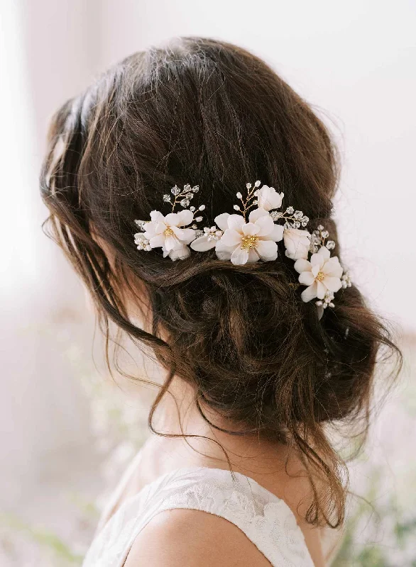 delicate hair pins for brides-Magnolia blooms pin set of 3 - Style #2320