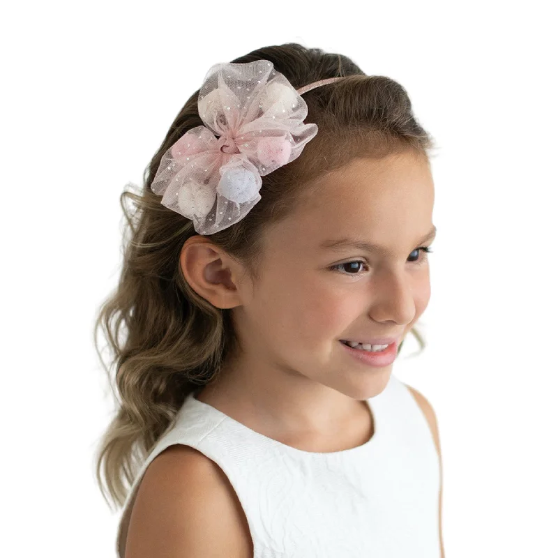 hair accessories for sports activities-Summer Crystal Mesh Tulle Pompons Bow Headband