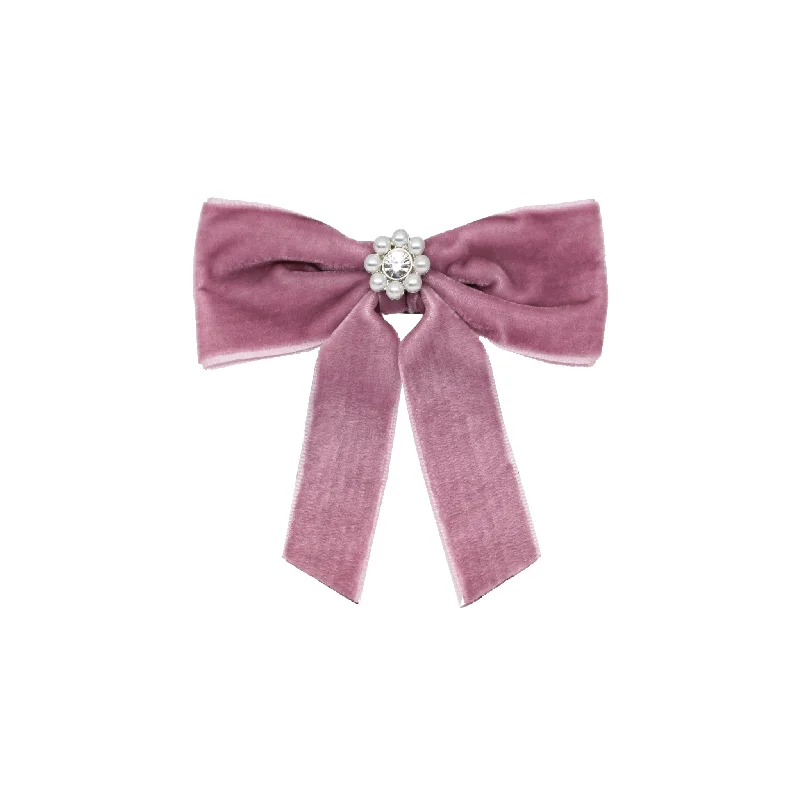 luxurious crystal headbands for events-Mini Iconic Velvet Bow Barrette in Baby Mauve