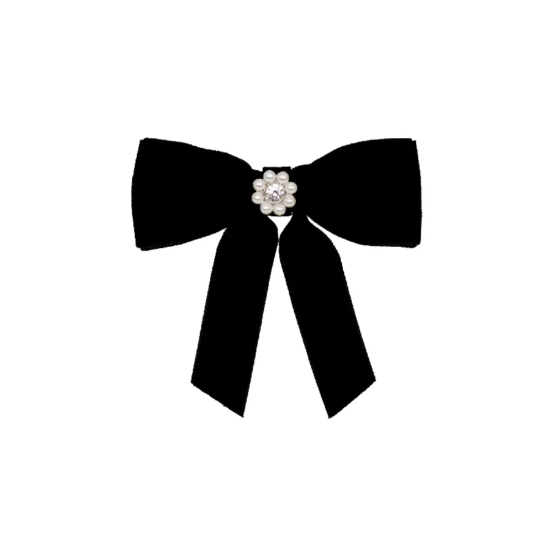 floral tiaras for bridesmaids-Mini Iconic Velvet Bow Barrette in Noir