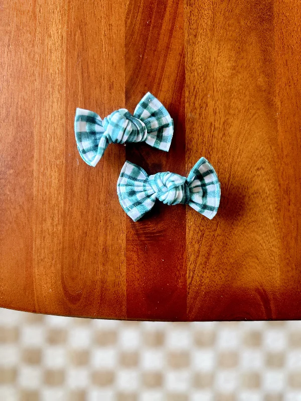 braided headbands for boho styles-Pigtail Clip Set - Emerald Green Plaid