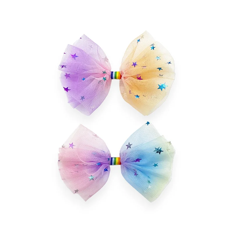 stylish hair bands for casual outfits-Summer Crystal 2 Rainbow Tulle Large Bow Hair Clips For Girls and Women