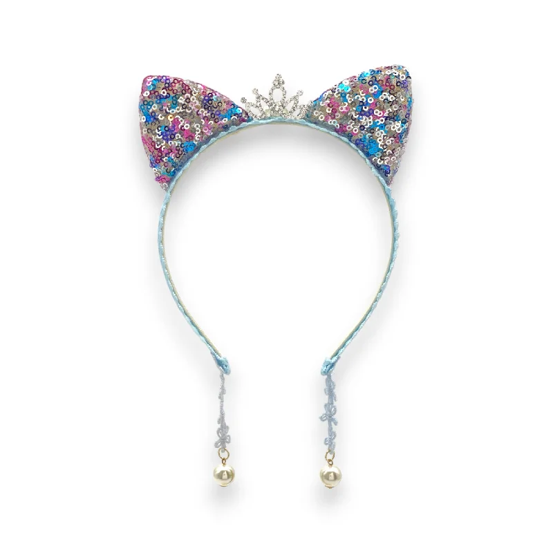 statement hair accessories for parties-Summer Crystal Sparkling Sequins Cat Ears Headband with Pearl Earring Pendants