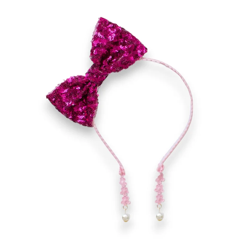 woven hair ties for eco-friendly styling-Summer Crystal Sparkling Sequins Bow Headband with Pearl Earring Pendants For Girls