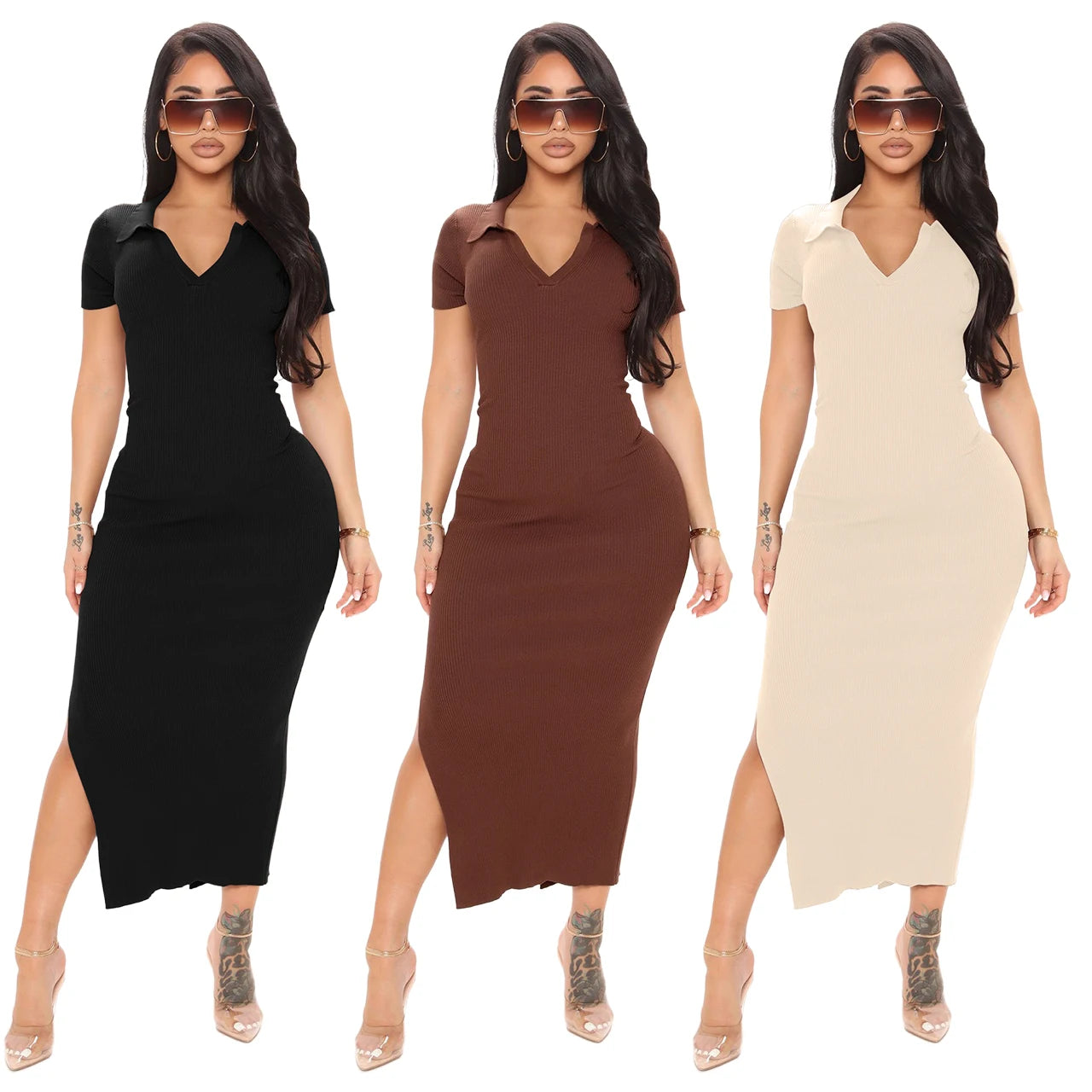 wigs for creative styling options-2024 Spring Hot Custom Wholesale Women Solid Ribbed Midi Dresses Summer Sexy Bodycon Women Casual Dresses