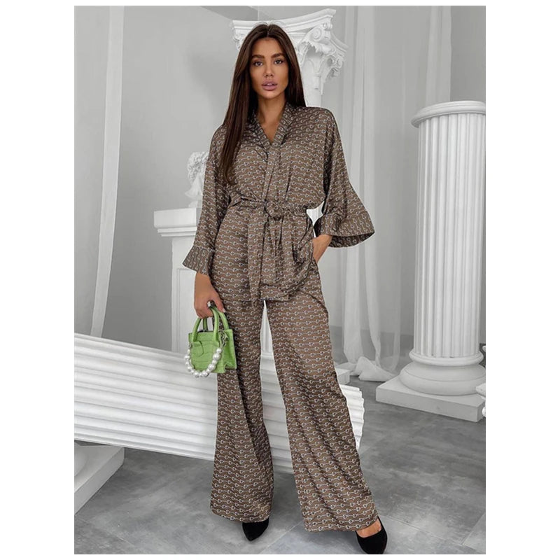 wigs for comfortable all-day wear-Comfy Pajamas Flare Sleeve Print Sleepwear Kimono Woman Night Robe Women's Nightwear 2024 Spring Fashion Home Suit Sets