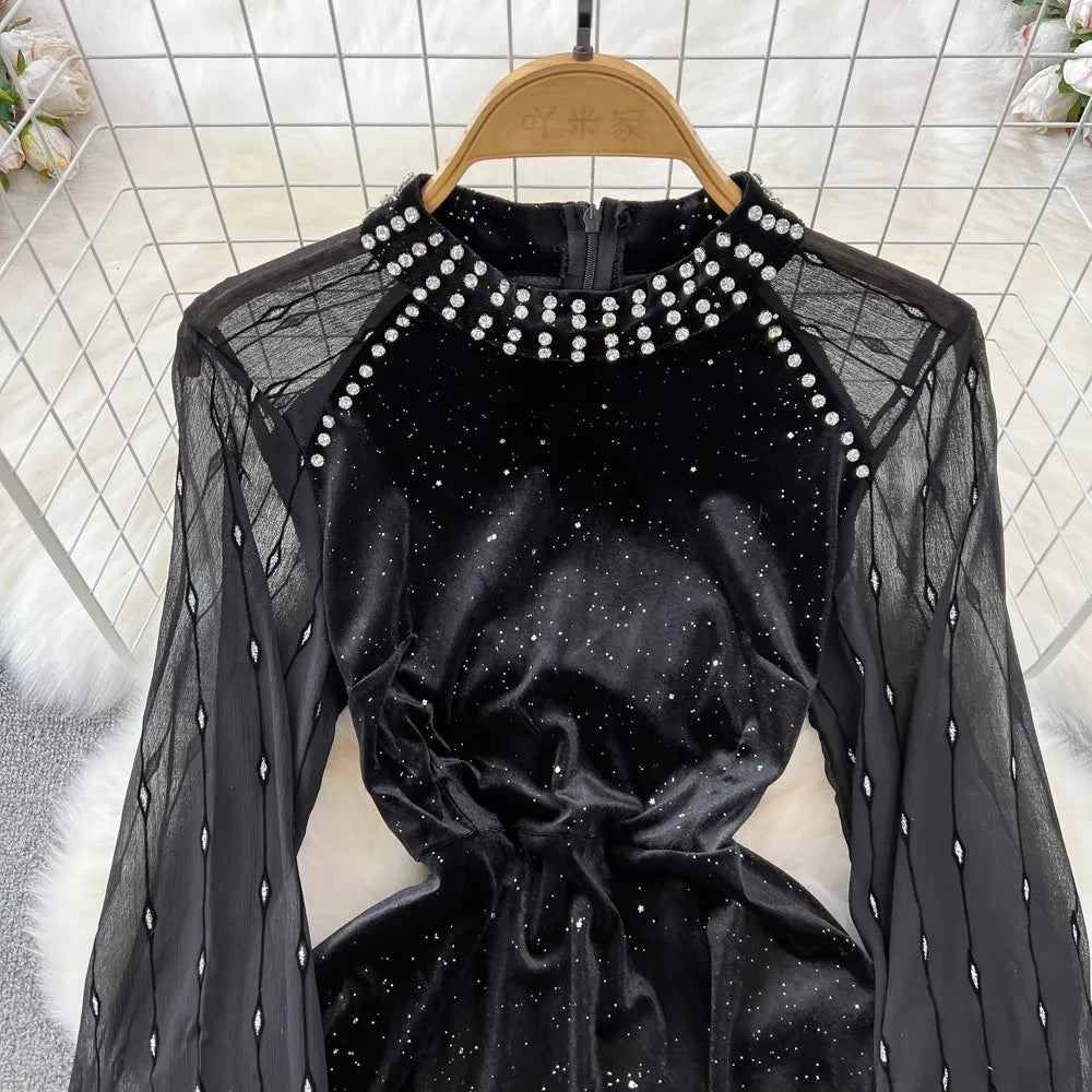 wigs for black tie events-J&H 2024 Boutique Wholesale Autumn New French Vintage Heavy Industry Diamond Sequin Velvet Dress Women's Dress