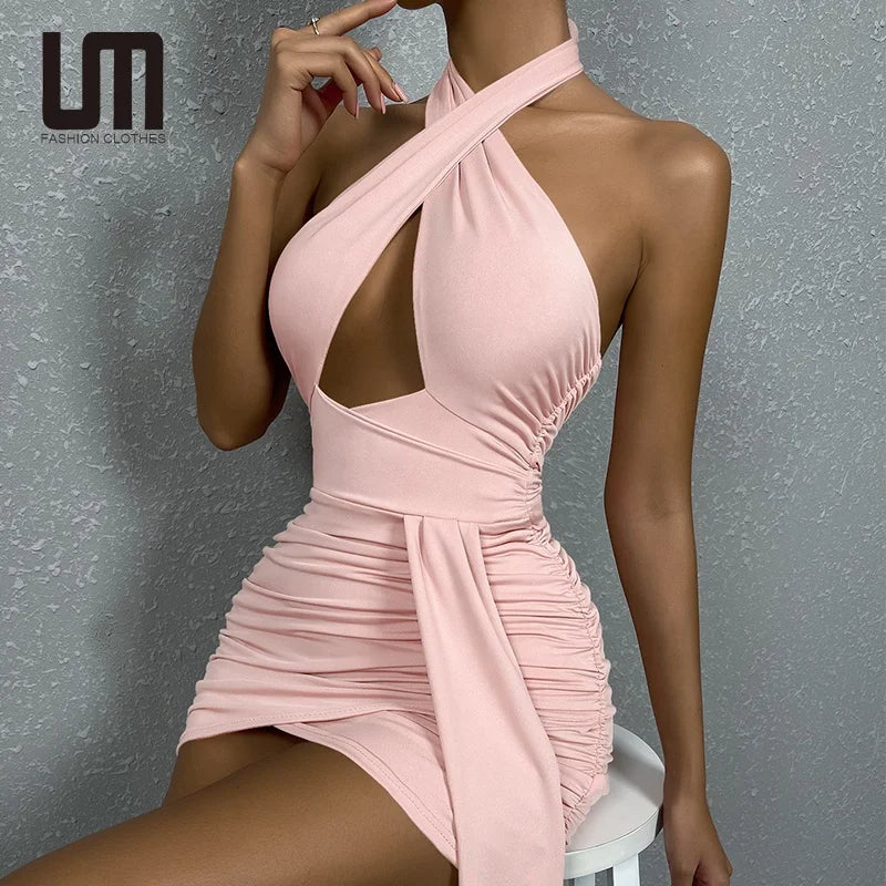 short wigs for round faces-Liu Ming Clearance Sales 2024 Summer Women Sexy Hollow Out Backless Party Club Halter Ruched Bodycon XS Mini Wrap Dress