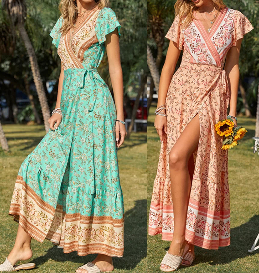 versatile wigs for daily use-Rayon womans boho floral beach long maxi Wrap dress clothing summer Wholesale bohemian dresses for women 2024 spring