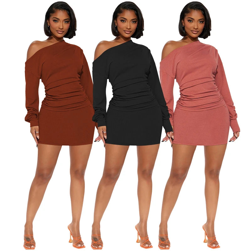 wigs for edgy fashion statements-spring 2024 new hot sale elegant cut one side shoulder off long sleeve polyester crepe tight dress with one shoulder long sleeve