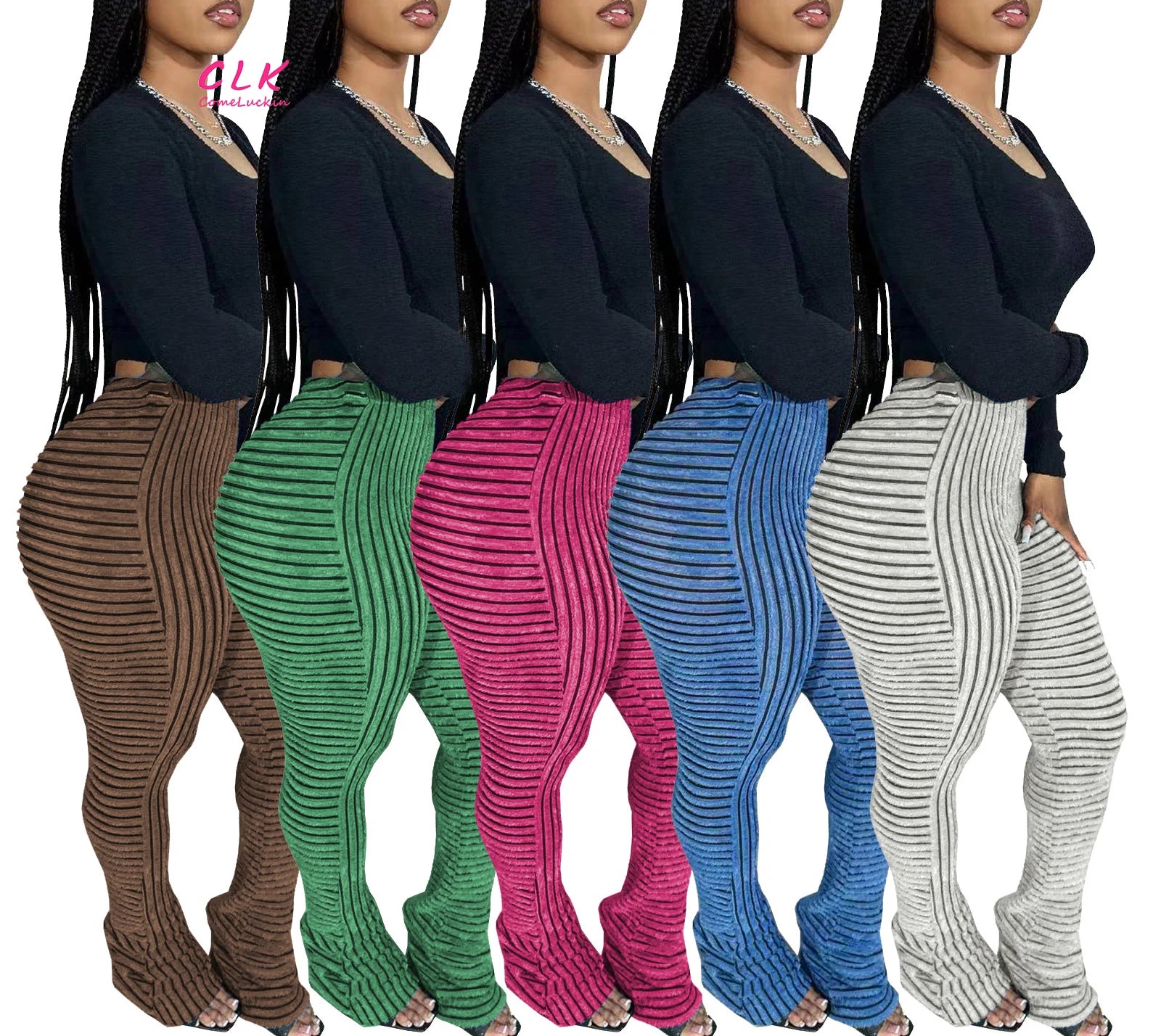 wigs for creative costume styling-Wholesale 2024 Autumn New Arrival Women Stripe Long Pants Breathable High Waist Women Elastic Casual Pile Up Pants