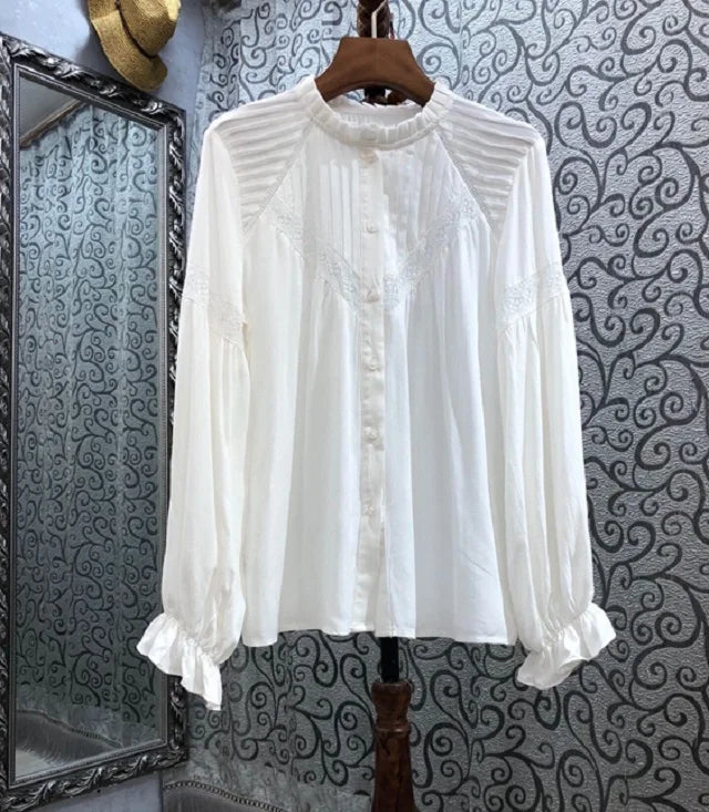 wigs for creative styling options-Wholesale White Shirts 2024 Spring Summer  High Quality Shirt Women  Hollow Out Lace Patchwork Long Sleeve Casual Shirt Blusas