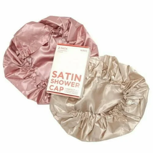 Night Satin Shower Cap in Champagne & Blush Frizz Steam Proof Perfect Fit 2 Pack