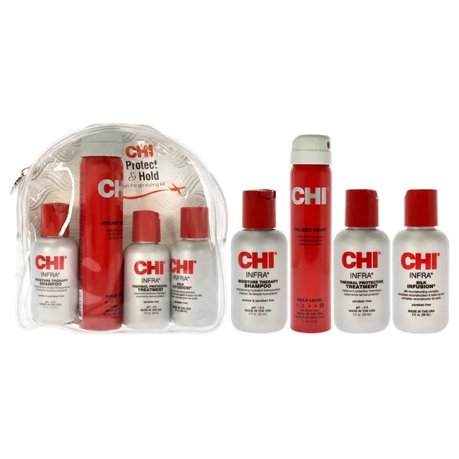 CHI Protect And Hold On The Go Styling Kit by CHI for Unisex - 4 Pc 2oz Infra Shampoo, 2oz Infra Treatment, 2.6oz Helmet Head Hair Spray, 2oz Silk Infusion